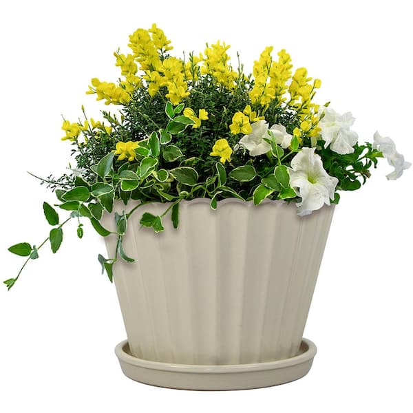 14in Fluted Scallop Cream Ceramic Planter (14 in. D x 10.5 in. H)