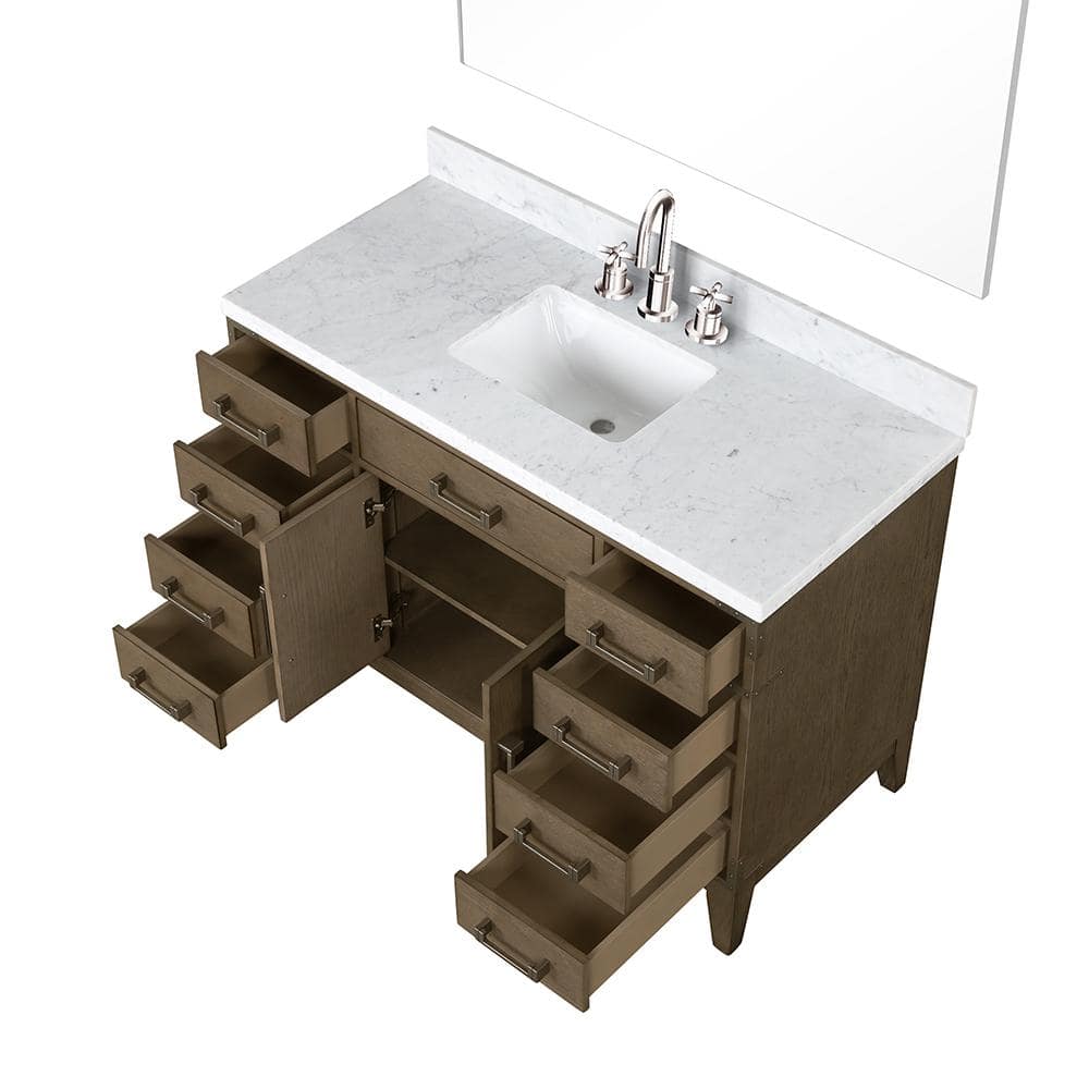 Fossa 48 in W x 22 in D Grey Oak Single Bath Vanity, Carrara Marble Top, Faucet Set, and 46 in Mirror -  Lexora, LVF48SR111