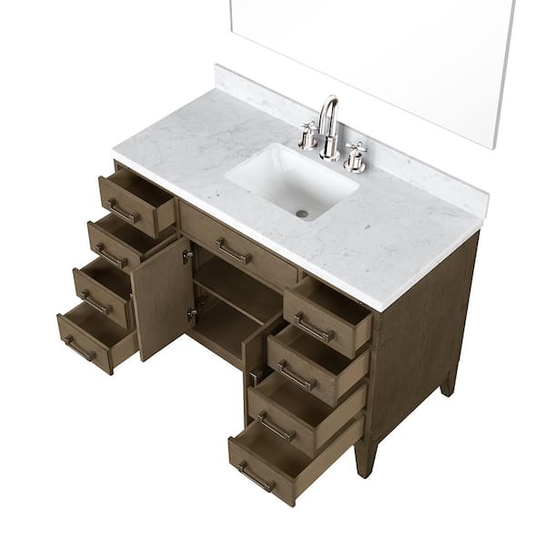 Fossa 48 in W x 22 in D Grey Oak Single Bath Vanity, Carrara Marble Top, Faucet Set, and 46 in Mirror