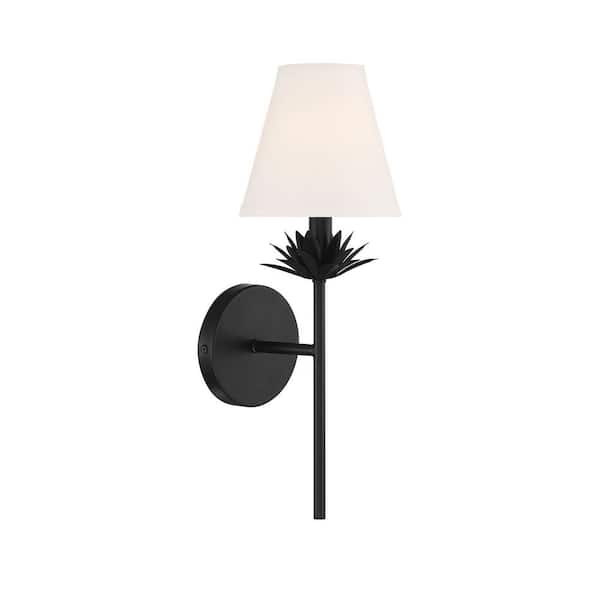 TUXEDO PARK LIGHTING 6 in. W x 17 in. H 1-Light Matte Black Wall Sconce with a White Linen Shade and Floral Bobeche