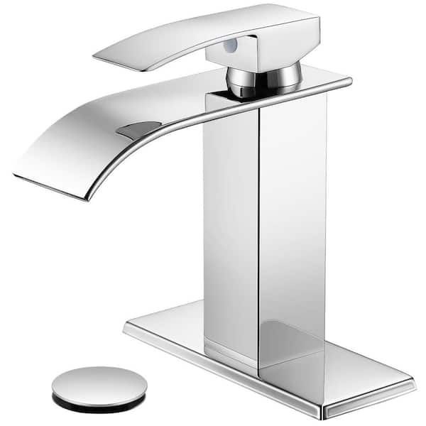 Single Handle Waterfll Spout Single Hole Bathroom Sink Faucet with Pop-up Drain and Deck Plate in Polished Chrome