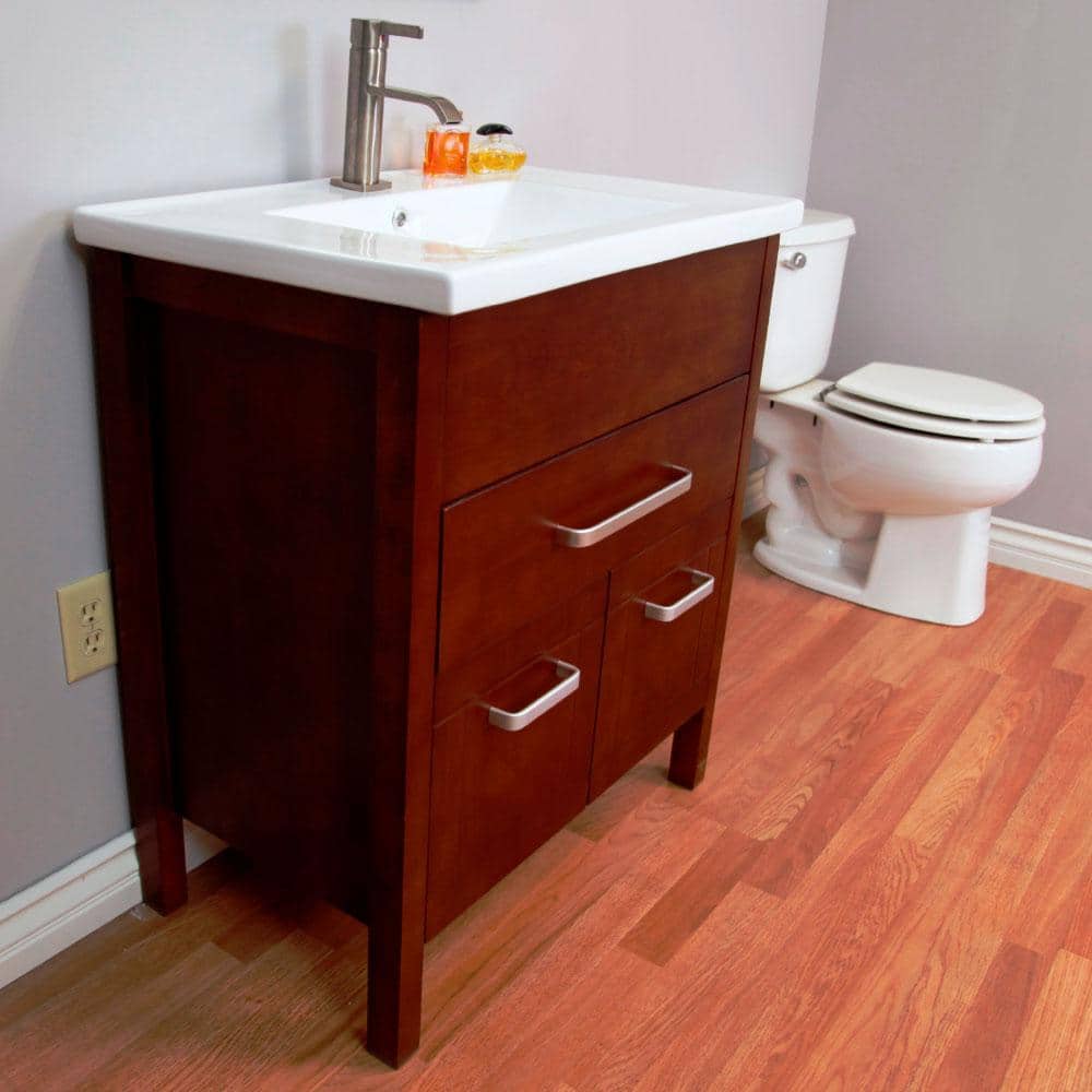 Walnut Plywood Single Sink Freestanding Vanity with White Ceramic Top