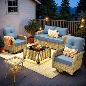 Tiberte Gray 6-Piece Wicker Patio Conversation Seating Set with Diamond Blue Cushions and Swivel Chairs