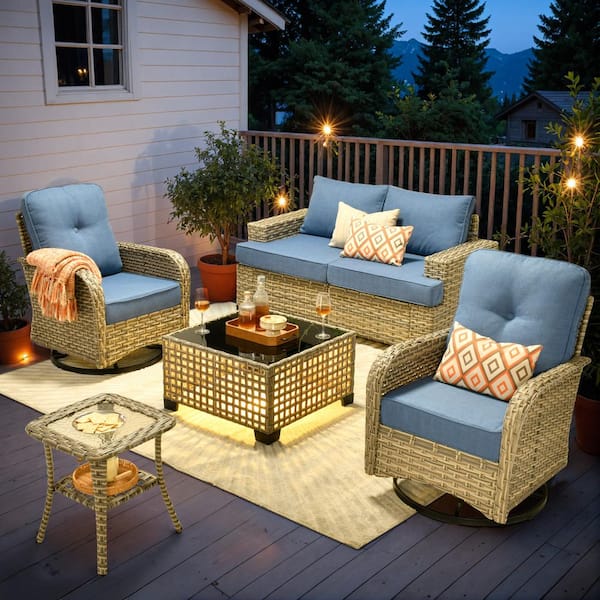 OVIOS Tiberte Gray 6-Piece Wicker Patio Conversation Seating Set with Diamond Blue Cushions and Swivel Chairs