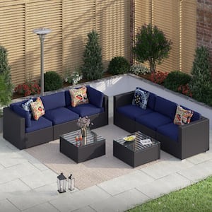 Dark Brown Rattan Wicker 6 Seat 8-Piece Steel Outdoor Patio Conversation Set with Blue Cushions and Coffee Tables