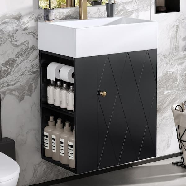 20 in. Single Sink Floating Black Bath Vanity with White Ceramic Top, Side Shelves, Towel Bar