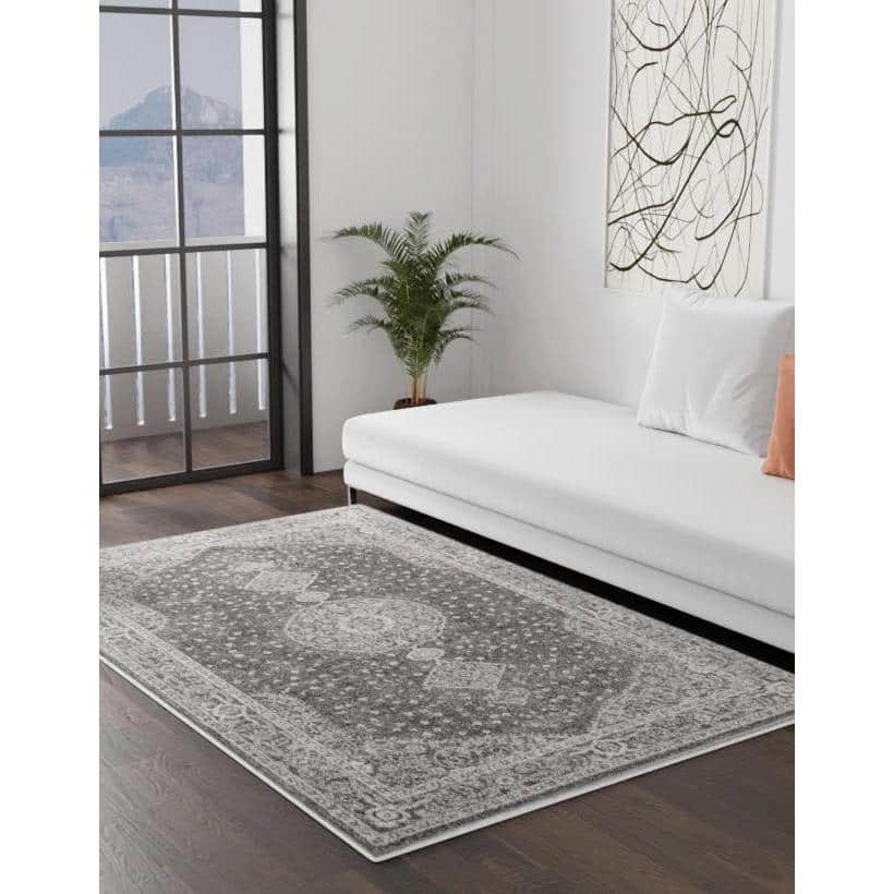 Dark Gray Medallion 9' x 12' Synthetic Area Rug