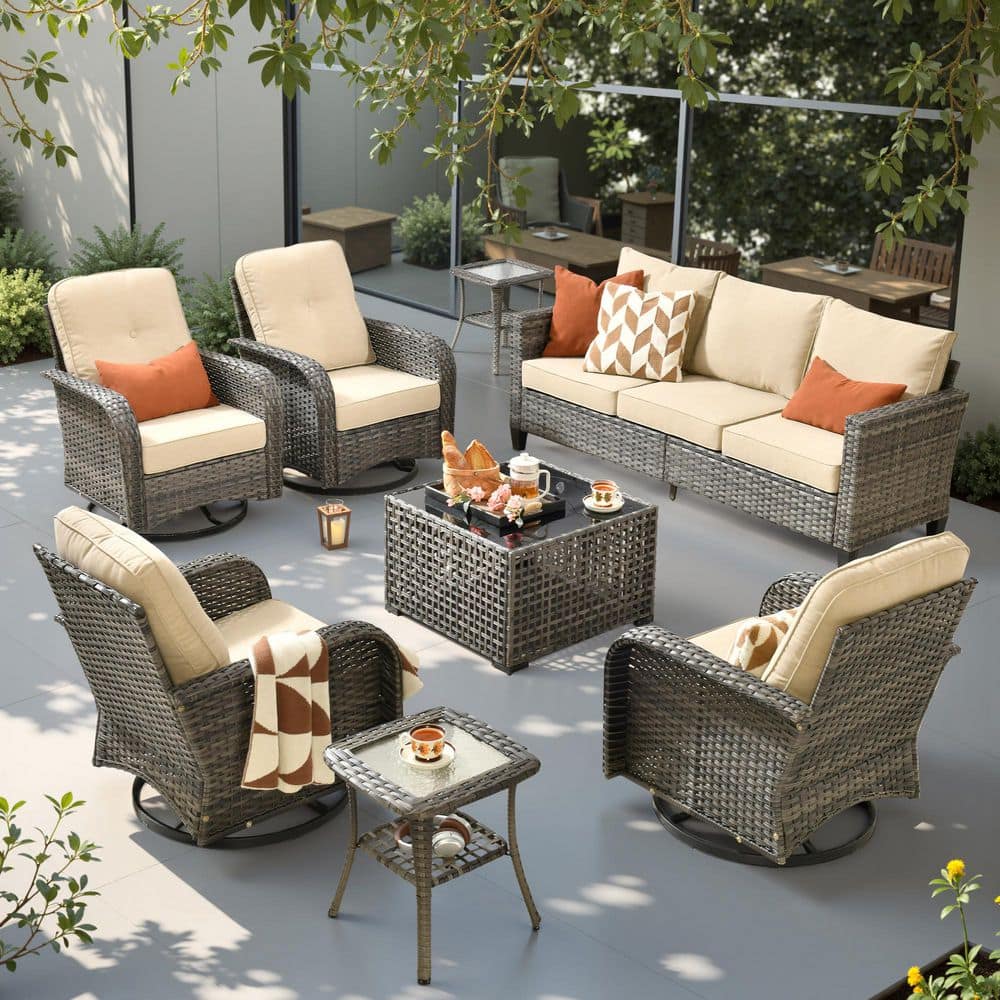 Iridescent 8 Pieces Wicker Outdoor Patio and Swivel Rocking Chairs with Beige Cushions price history on PriceWatchPro