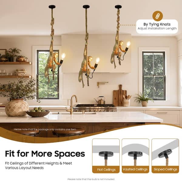 OUKANING 1-Light Gold Vintage Resin Hemp Rope Monkey Pendant Light
