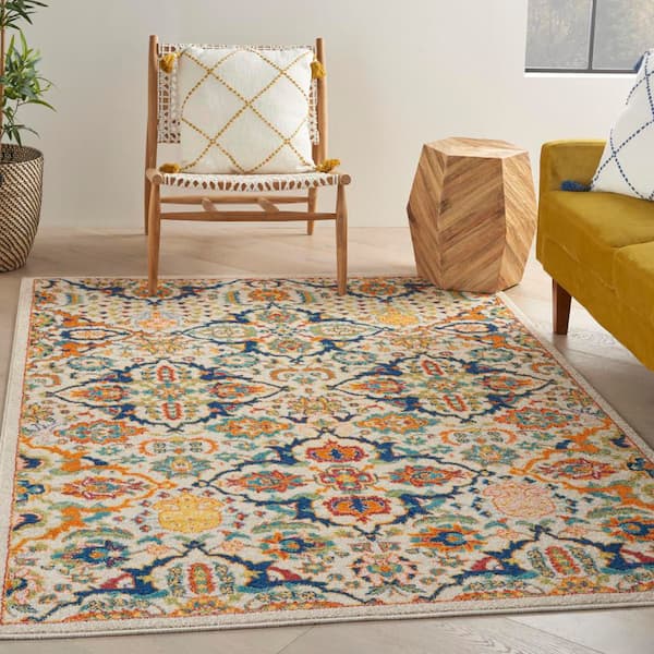 Allur Ivory Multicolor 5 ft. x 7 ft. Floral Medallion Boho Transitional Area Rug