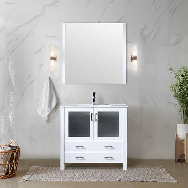 Lexora Volez 36 in. W x 18 in. D Single Bath Vanity in White with White Ceramic Top and Mirror
