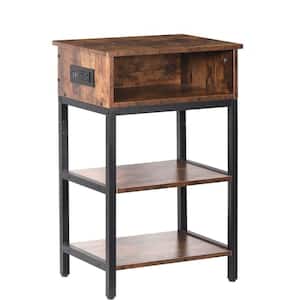 15.75 in. Brown End Table 3-Tier, Narrow Wood Side Table with USB Ports Power Outlets, Nightstand