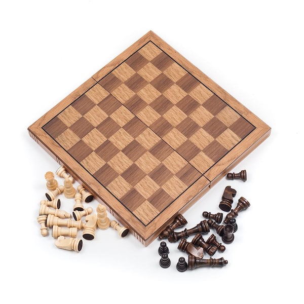 Wooden Chess Game Set Large 12" Wood Board Folding Storage Box Chess Central 