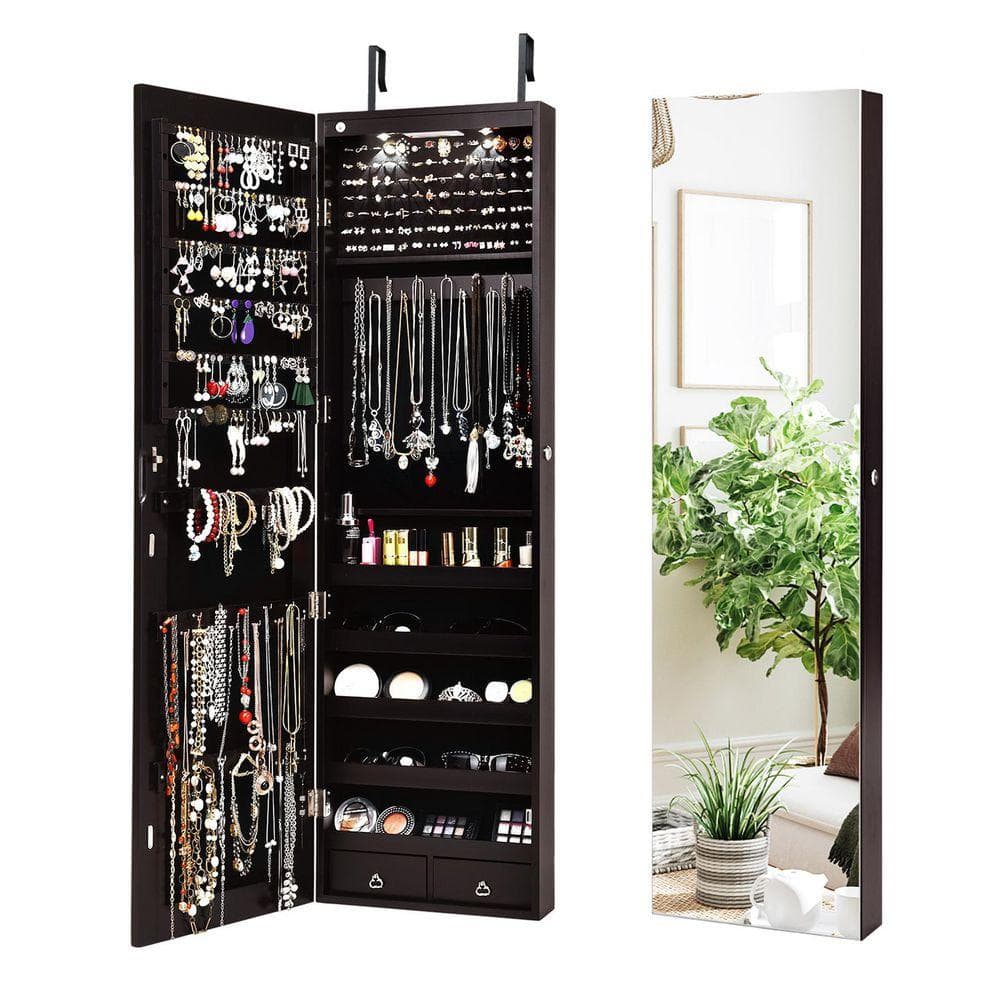 14 in. x 54.5 in. Black MDF Wall Mounted Jewelry Armoire Storage Organizer Box with Mirror and Lights price history on PriceWatchPro