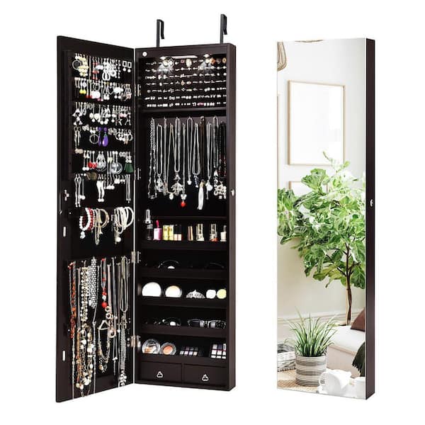 14 in. x 54.5 in. Black MDF Wall Mounted Jewelry Armoire Storage Organizer Box with Mirror and Lights