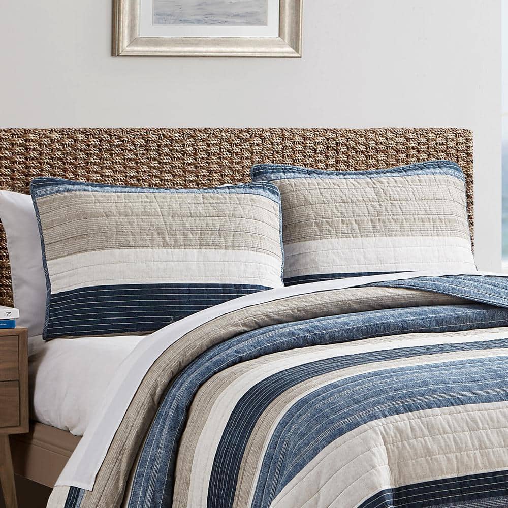 Twin Blue Cotton Reversible Quilt Set with Trim