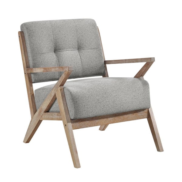 Benjara Gray and Brown Polyester Armchair with Wooden Frame