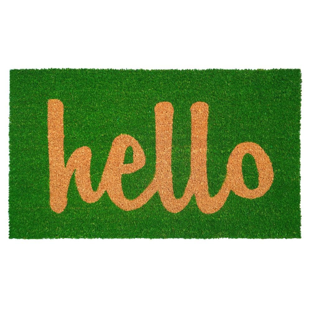 Hello Green/Natural Script 17 in. x 29 in. Door Mat