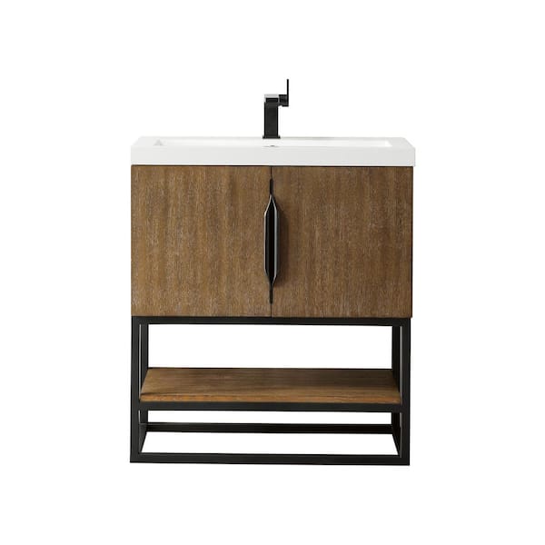 James Martin Vanities Columbia 31.5 in. W x 15.4 in. D x 35.4 in. H Single Vanity Latte Oak and White Glossy Composite Stone Top