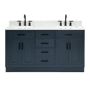 Hepburn 61 in. W x 22 in. D x 35.25 in. H Bath Vanity in Blue with Carrara Marble Vanity Top in White with White Basins