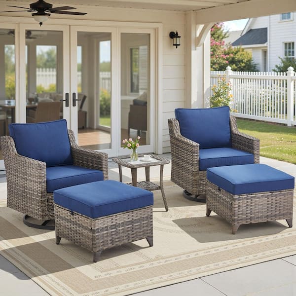 5-Piece Wicker Patio Conversation Set Outdoor Swivel Chairs, with Swivel Chairs, Footstool, Table, and Blue Cushions
