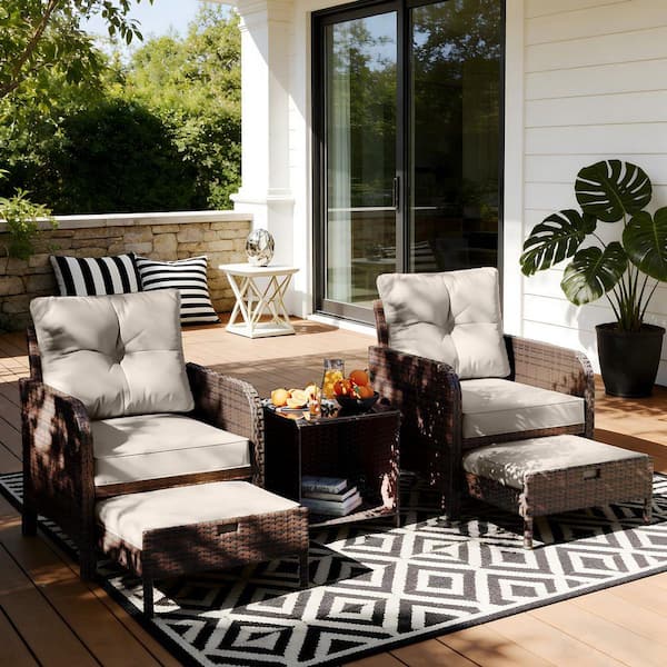5-Piece Wicker Lounge Chair Outdoor Rattan Patio Conversation Set with Ottoman and Beige Soft Cushions