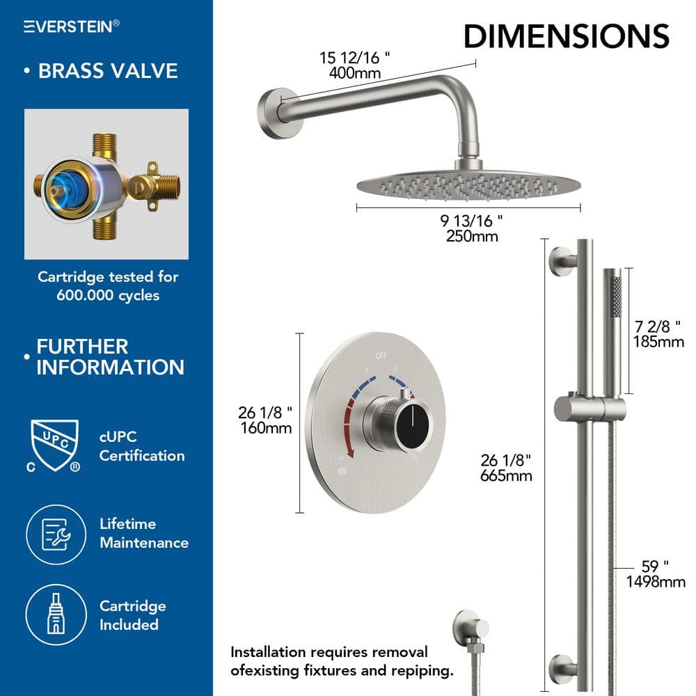 10" Brushed Nickel Adjustable Rainfall Shower System with Handheld