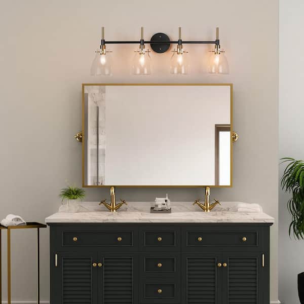 30 in. 4-Light Brass Gold Vanity Light for Bathroom, Modern Black Wall Sconce Lighting with Bell Clear Glass Shades