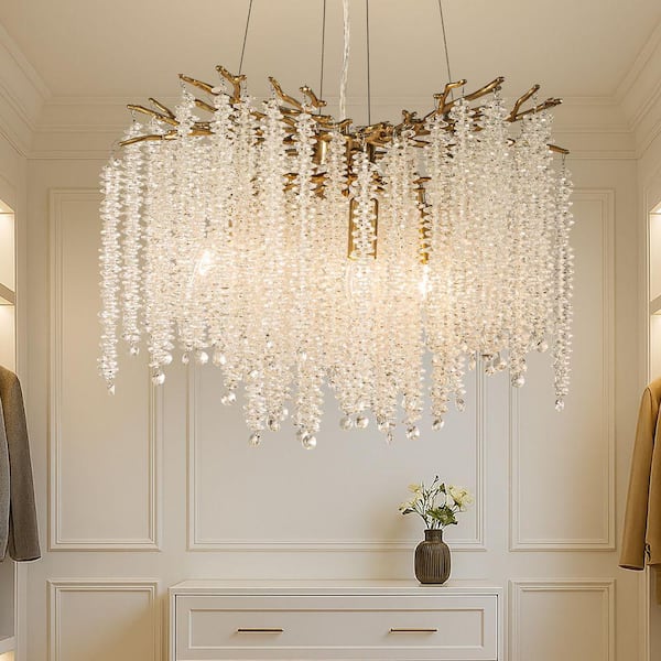 4-Light 20 in Modern Antique Brass Crystal Chandelier Glam Branch Style Pendant Ceiling Light for Dining Room Bedroom