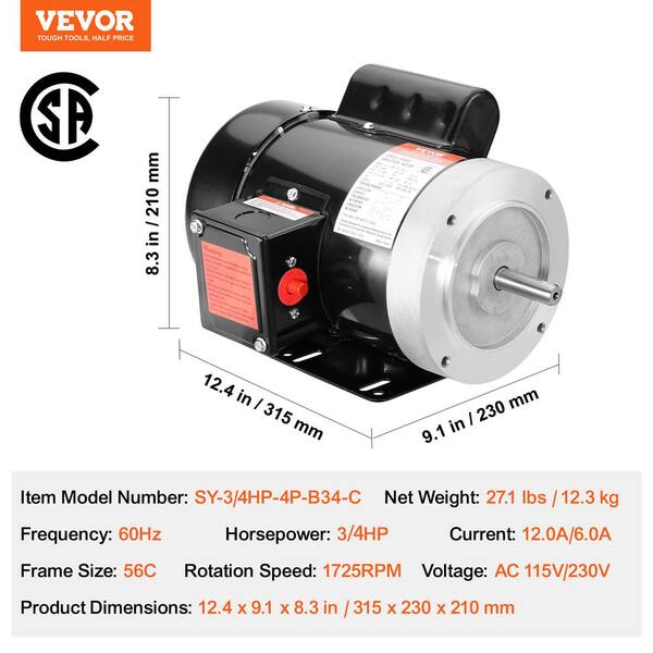 VEVOR 0.75 HP Electric Motor 1725 RPM, AC 115V/230V, 56C