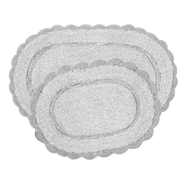 Eloise Crochet Border 17in. x 24in. and 20in. x 32in. Gray Solid Cotton 2-Piece Oval Bath Mat Set