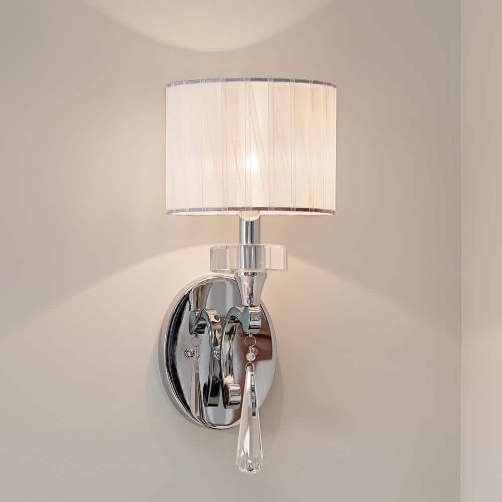 Chrome and White Fabric Shade Wall Sconce with Crystal Accents