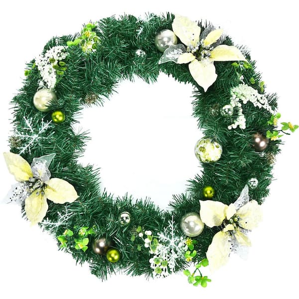 Gymax 24 in. Pre-lit Full Decorated Artificial Christmas Wreath with LED Lights and Timer