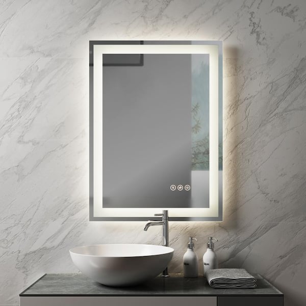 LASIHEM 20 in. W x 28 in. H Rectangular Frameless LED Light WallBathroom Vanity Mirror with Anti-Fog in Black