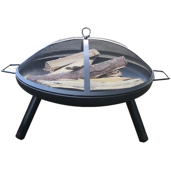 ToolCat 28.74 in. Round Portable Wood Burning Fire Pit Grill with Mesh for Backyard, Party in Black