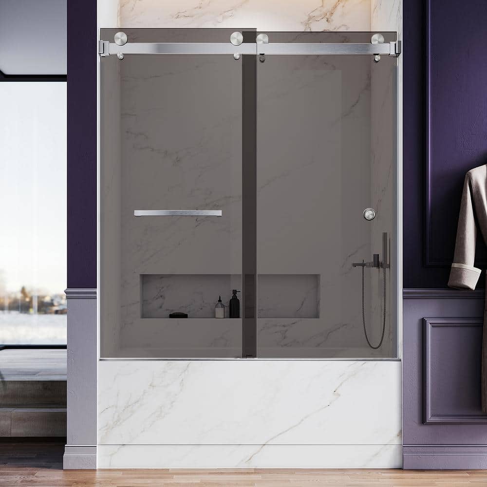 UKD01 56 to 60 in. W x 66 in. H Double Sliding Frameless Bathtub Door in Brushed Nickel with EnduroShield Tinted Glass price history on PriceWatchPro