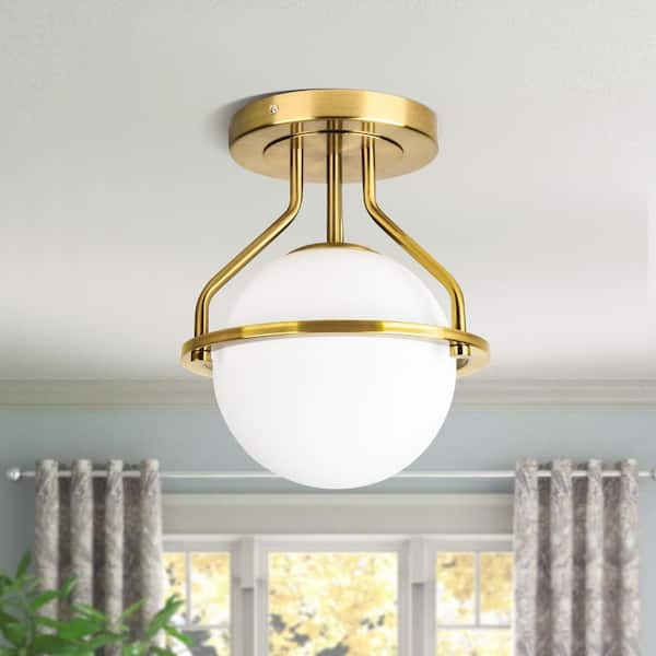 10 in. 1-Light Gold Semi-Flush Mount Ceiling Light Fixture with Milky Glass Globe Shade