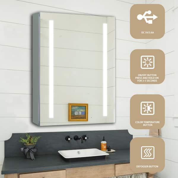 UKISHIRO 20 in. W x 26 in. H Silver Recessed/Surface Mount Medicine Cabinet with Mirror, Defogger and Right Hinge