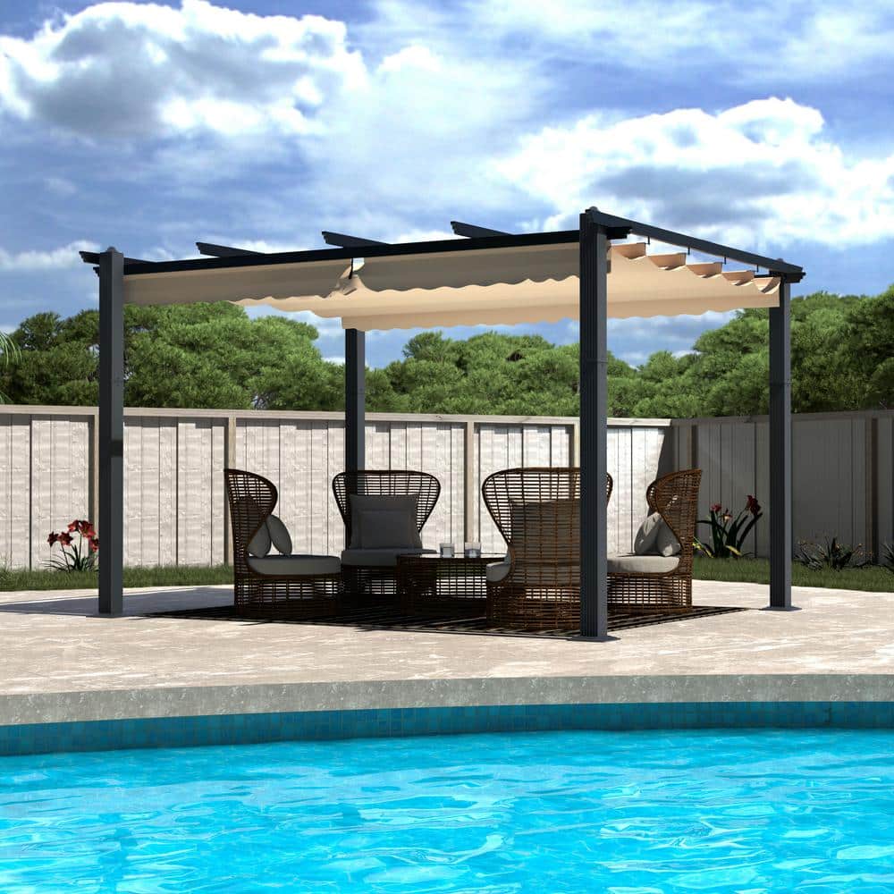 10x10 Beige Aluminum Patio Pergola with Retractable Canopy