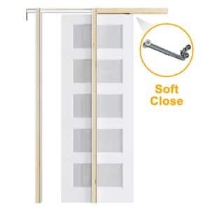 36 in. x 80 in. 5-Lite Glass White Primed MDF Pocket Sliding Door with Pocket Door Hardware Kit (Soft Close Included)