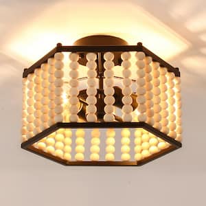 12.6 in. 2-Light Black Semi Flush Mount Hexagon Ceiling Light Fixture with Wood Bead and No Bulbs Included