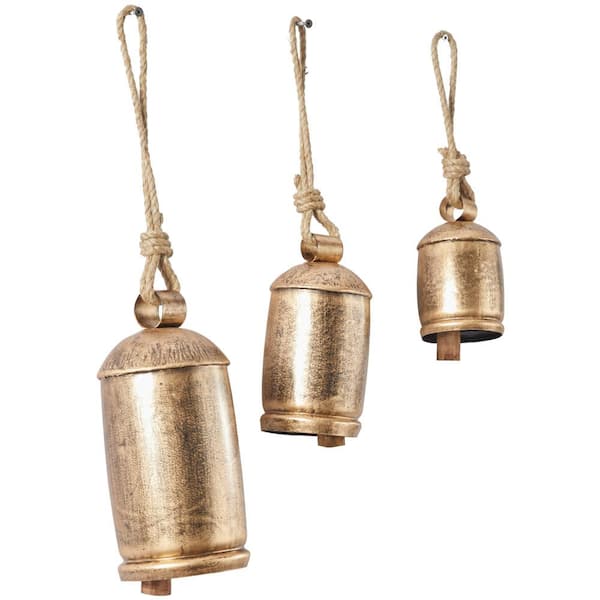 Litton Lane Gold Metal Tibetan Inspired Cylindrical Decorative Cow Bell with Jute Hanging Rope (3- Pack)