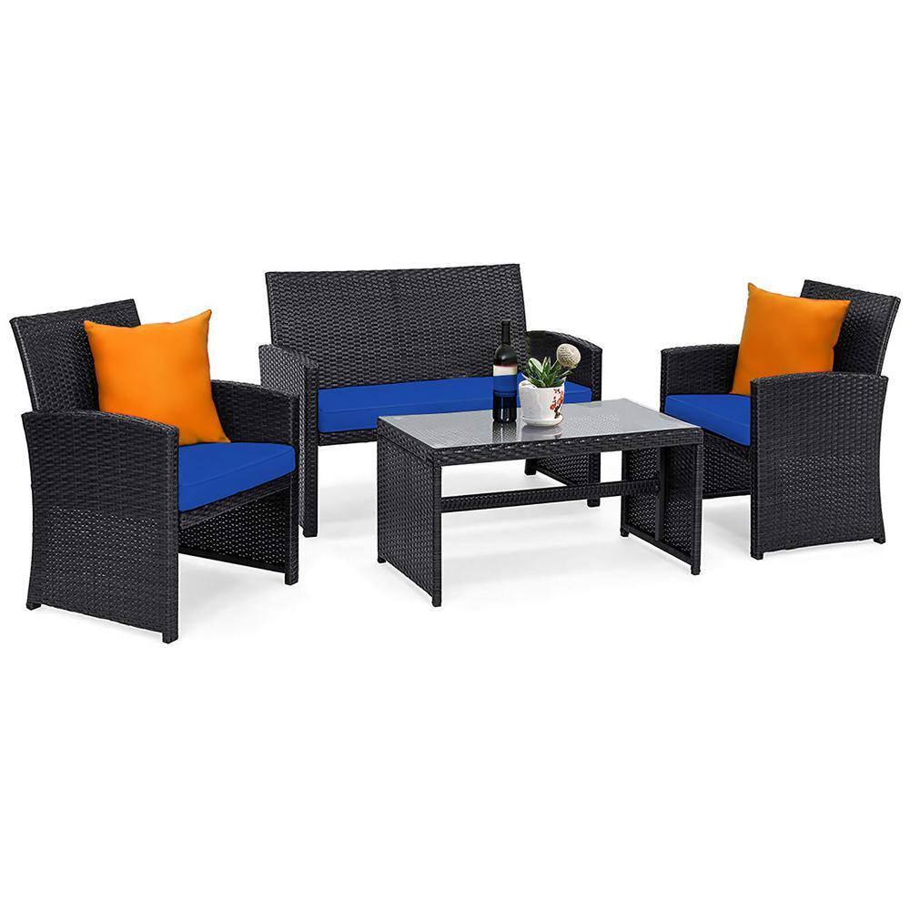 Navy Cushioned 4-Piece Black Rattan Patio Conversation Set