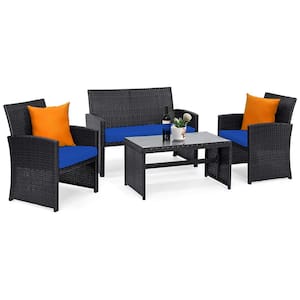 4-Piece Patio Rattan Furniture Conversation Set Cushion Sofa Table Garden Navy