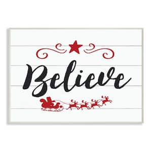 12.5 in. x 18.5 in. "Believe Elegant Typography with Red Sleigh and Star" by Artist Lettered and Lined Wood Wall Art