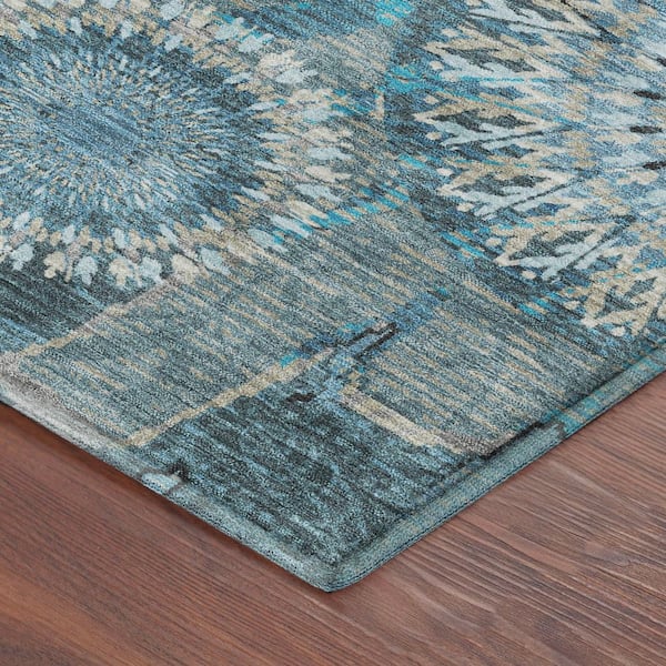Mayfield Premium Machine Washable Abstract AMF2335 Teal 2 ft. x 7 ft. Runner Rug