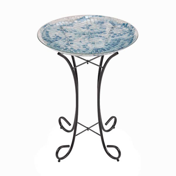 Alpine Corporation 24 in. Tall Outdoor Mosaic Style Glass Birdbath Bowl with Metal Stand, Blue