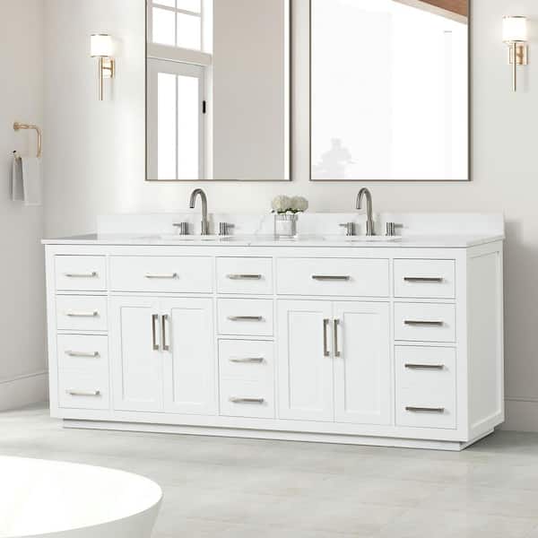 Staykiwi 84 in. W x 22 in. D x 36 in. H Double Sinks Freestanding Bath Vanity in White with White Quartz Top