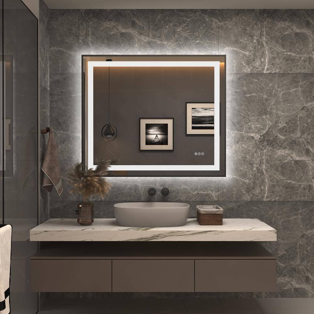 Matte Black LED Lighted Anti-Fog Tempered Glass Vanity Mirror 36" x 30"