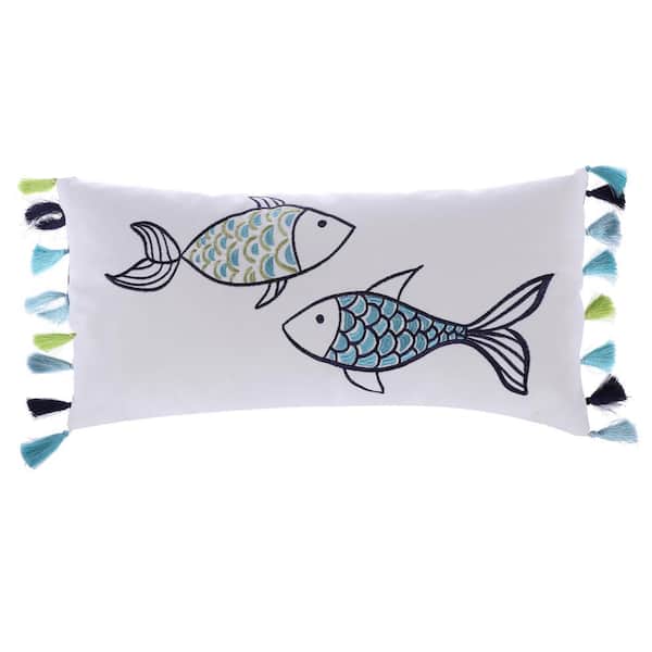LEVTEX HOME White, Blue, Green Embroidered Fish With Side Tassels 12 in. x 24 in. Throw Pillow